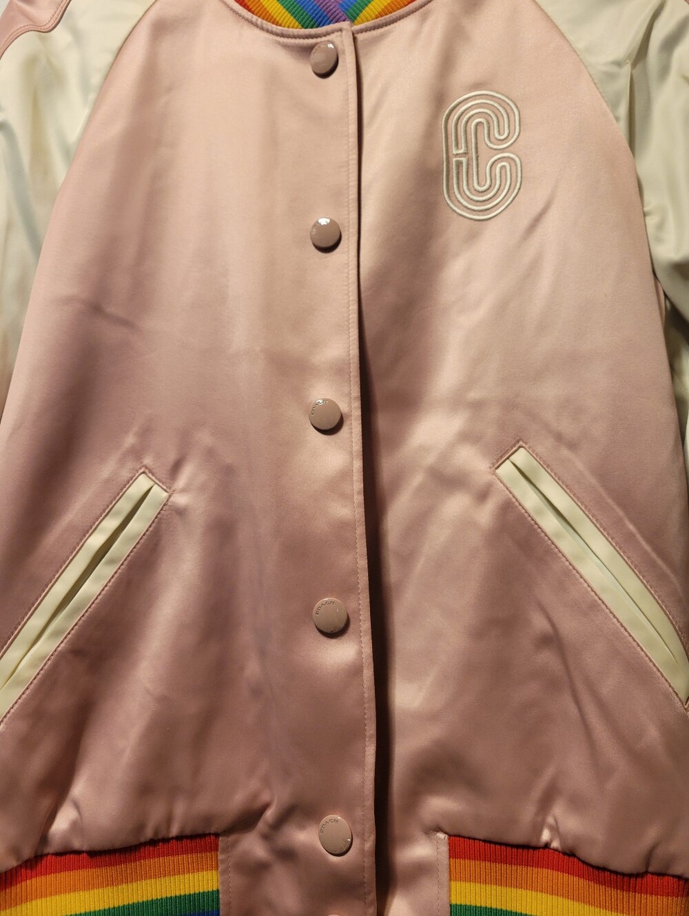 Coach Pink Satin Varsity Jacket with Cream Sleeves and Rainbow Trim - Picture 4 of 10